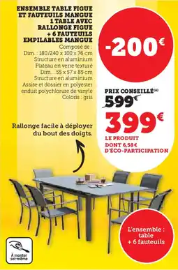 Hyper U Ensemble table figue et fauteuils mangue 1 table avec rallonge figue + 6 fauteuils empilables mangue offre