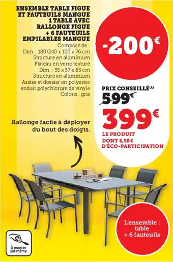 Hyper U Ensemble table figue et fauteuils mangue 1 table avec rallonge figue + 6 fauteuils empilables mangue offre