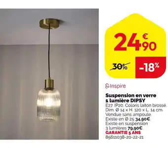 Weldom INSPIRE Suspension en verre 1 lumière dipsy offre