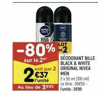 Leader Price Déodorant Bille Black & White Original Nivea Men offre