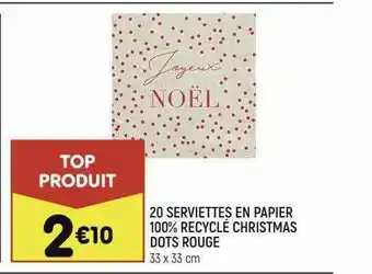 Leader Price 20 Serviettes En Papier 100% Recyclé Christmas Dots Rouge offre