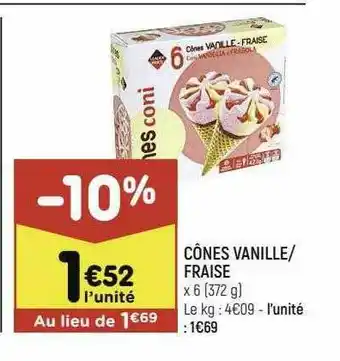 Leader Price Cônes Vanille - Fraise offre