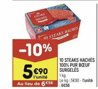 Leader Price 10 Steaks Hachés 100% Pur Boeuf Surgelés offre