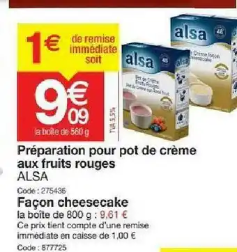 Promocash Préparation Pour Pot De Crème Aux Fruits Rouges Alsa offre