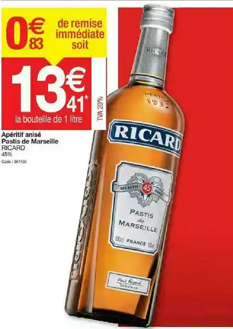 Promocash Apéritif Anisé Pastis De Marseille Ricard offre
