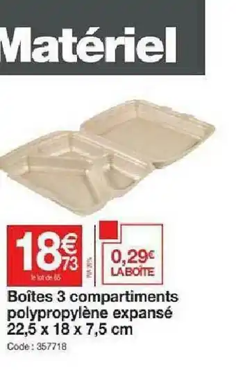 Promocash Boîtes 3 Compartiments Polypropylène Expansé 22,5 X 18 X 7,5 Cm offre
