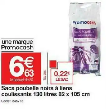 Promocash Sacs Poubelle Noirs à Liens Coulissants 130 Litres 82 X 105 Cm offre