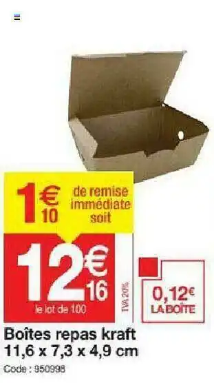 Promocash Boîtes Repas Kraft 11,6 X 7,3 X 4,9 Cm offre