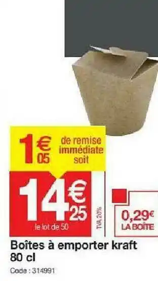 Promocash Boîtes à Emporter Kraft 80 Cl offre