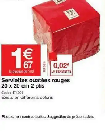 Promocash Serviettes Ouatées Rouges 20 X 20 Cm 2 Plis offre