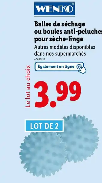 Lidl Wenko Balles de séchage ou boules anti-peluches pour sèche-linge offre