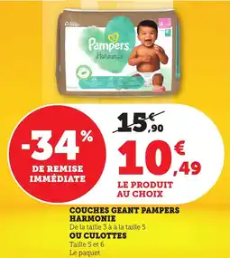 Bi1 Couches geant pampers harmonie ou culottes offre