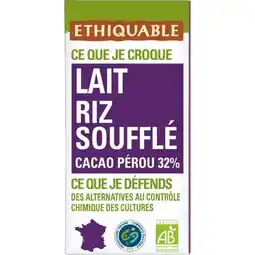 Carrefour ETHIQUABLE Tablette de chocolat au lait Bio offre