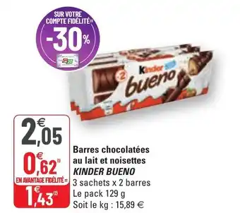 G20 Barres chocolatées au lait et noisettes KINDER BUENO offre