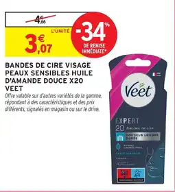 Intermarché Hyper VEET Bandes de cire visage peaux sensibles huile d'amande douce x20 offre