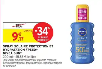 Intermarché Hyper NIVEA SUN Spray solaire protection et hydratation fps50+ offre