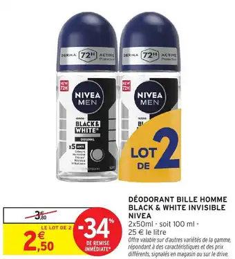 Intermarché Hyper NIVEA Déodorant bille homme black & white invisible offre