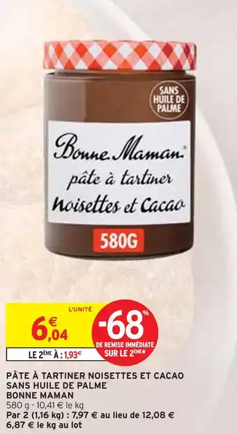 Intermarché Bonne Maman Pâte à tartiner noisettes et cacao sans huile de palme offre