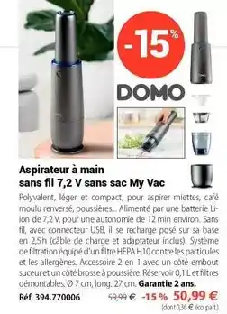 Mathon Domo - aspirateur à main sans fil 7.2 v sans sac my vac offre