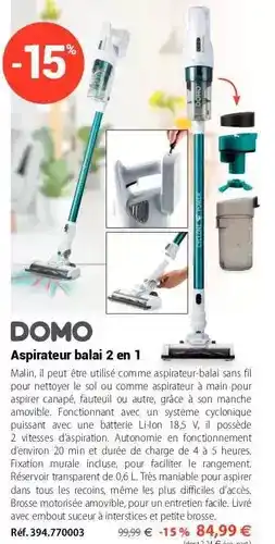 Mathon Domo - aspirateur balai 2 en 1 offre