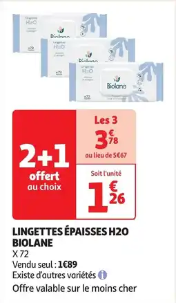 Auchan Lingettes épaisses h2o biolane offre