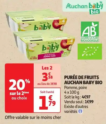 Auchan Purée de fruits auchan baby bio offre