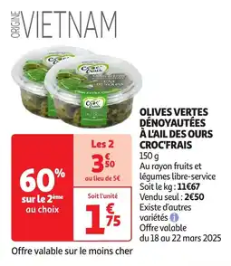 Auchan Olives vertes dénoyautées à l'ail des ours croc'frais offre