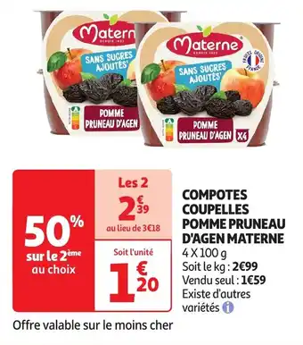 Auchan Compotes coupelles pomme pruneau d'agen materne offre