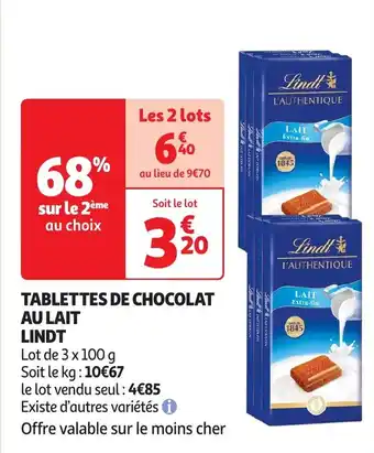 Auchan Tablettes de chocolat au lait lindl offre