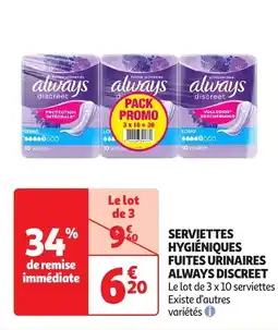 Auchan Serviettes hygiéniques fuites urinaires always discreet offre