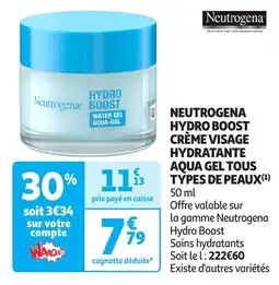 Auchan Neutrogena hydro boost crème visage hydratante aqua gel tous types de peaux offre