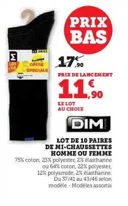 Hyper U DIM Lot de 10 paires de mi-chaussettes homme ou femme offre