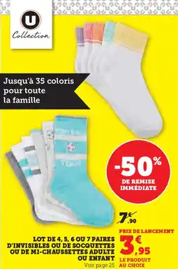 Hyper U Lot de 4, 5, 6 ou 7 paires d'invisibles ou de socquettes ou de mi-chaussettes adulte prix de lancement ou enfant offre