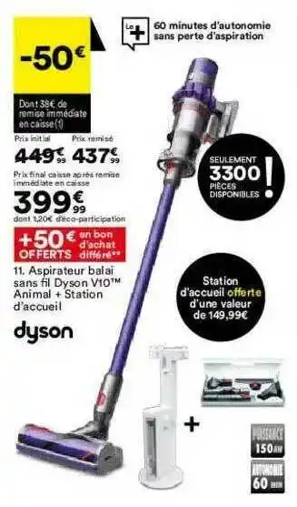 BUT Aspirateur Balai Sans Fil Dyson V10 Animal + Station D'accueil Dyson offre