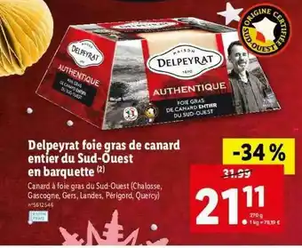 Lidl Delpeyrat Foie Gras D Canard Entier Du Sud-oeust En Barquette offre