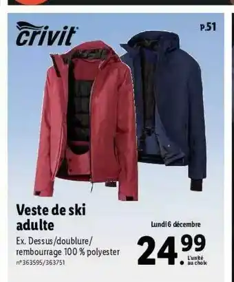 Lidl Veste De Ski Adulte Crivit offre