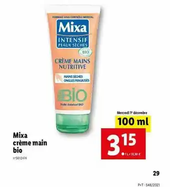 Lidl Mixa Crème Main Bio offre