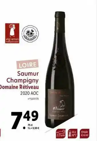 Lidl Loire Saumur Champigny Domaine Rétiveau 2020 Aoc offre
