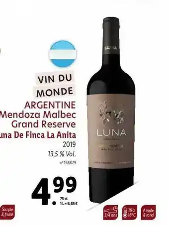 Lidl Vin Du Monde Argentine Mendoza Malbec Grand Reserve Luna De Finca La Anita 2019 offre