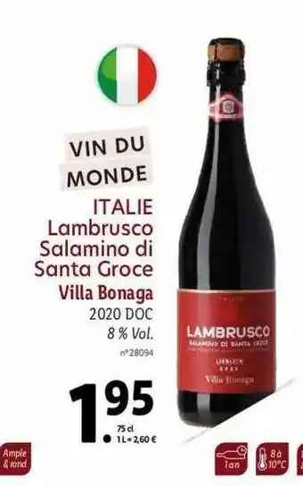 Lidl Vin Du Monde Italie Lambrusco Salamino Di Santa Groce Villa Bonaga 2020 Doc offre
