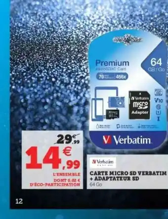 Carte Micro Sd Verbatim + Adaptateur Sd Verbatim
