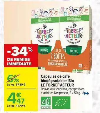 Carrefour Capsules De Café Biodégradables Bio Le Torref'acteur offre