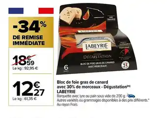 Carrefour Bloc De Foie Gras De Canard Avec 30% De Morceaux - Dégustation Labeyrie offre