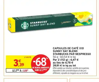 Intermarché Contact Capsules de café x10 sunny day blend starbucks par nespresso offre