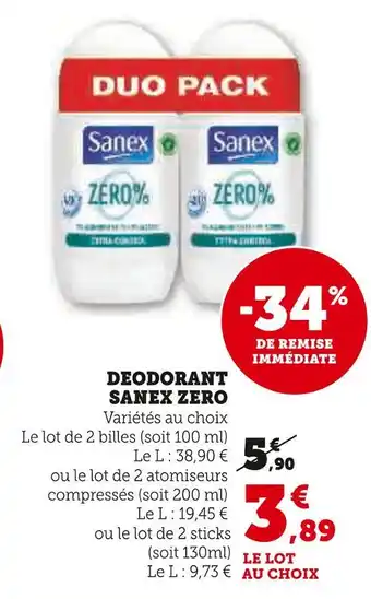 Hyper U SANEX ZERO Deodorant offre