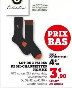 Hyper U U COLLECTION Lot de 2 paires de mi-chaussettes homme offre