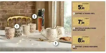 Intermarché Coffret 4 Tasses 25cl, Bouteille Double Paroi Avec Infuseur, Coffret 2 Mugs New Bone 42cl offre