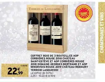 Intermarché Coffret Bois De 3 Bouteilles Aop Corbières Rouge 2018 Château Saint-estève Et Aop Corbières Rouge 2018 Domaine Georges Bertra offre