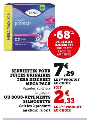 Super U TENA Serviettes pour fuites urinaires Discreet Mega Pack ou sous-vêtements Silhouette offre