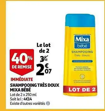 Auchan Shampooing Très Doux Mixa Bébé offre